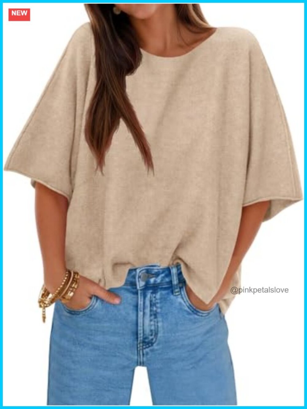Womens Oversized Half Sleeve Knit Sweater Boat Neck Casual Pullover